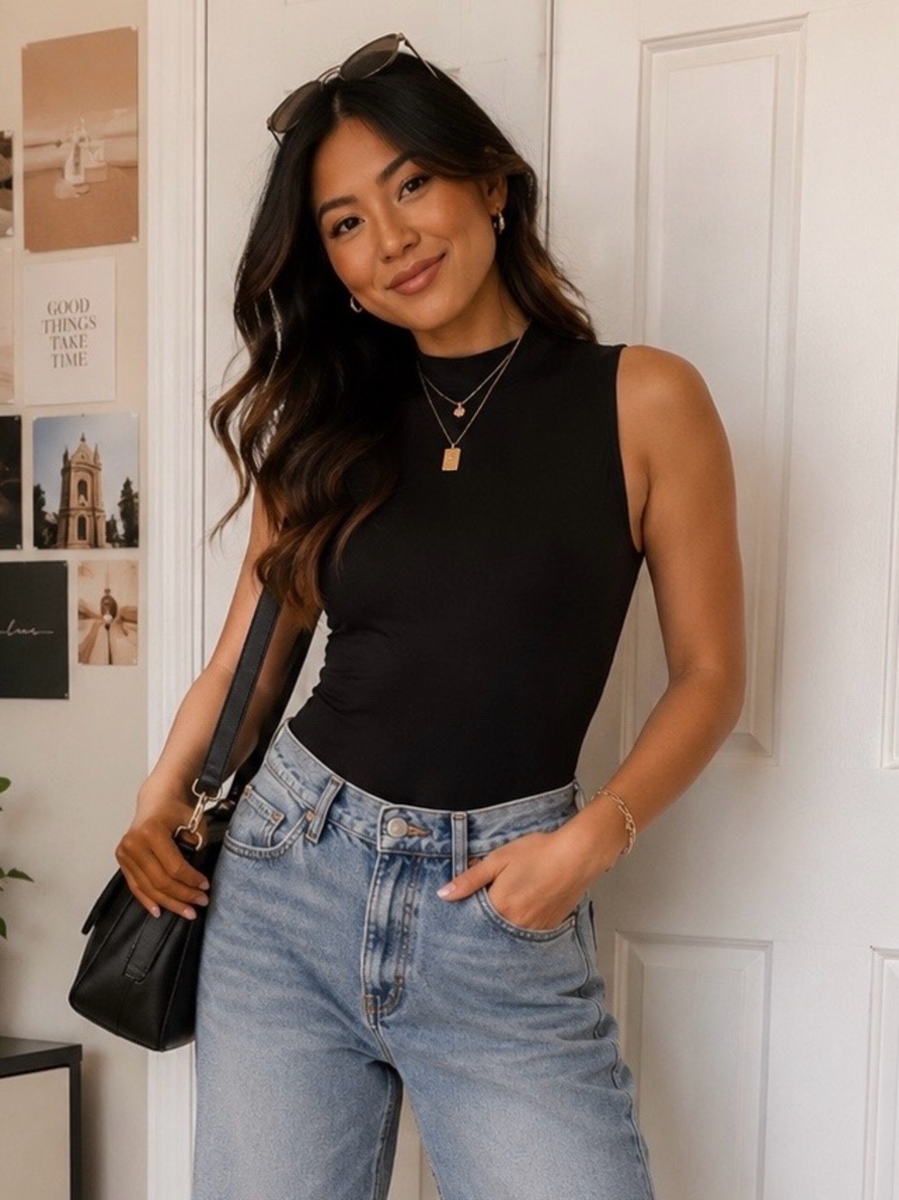 gaze Black Sleeveless Mock Neck Bodysuit